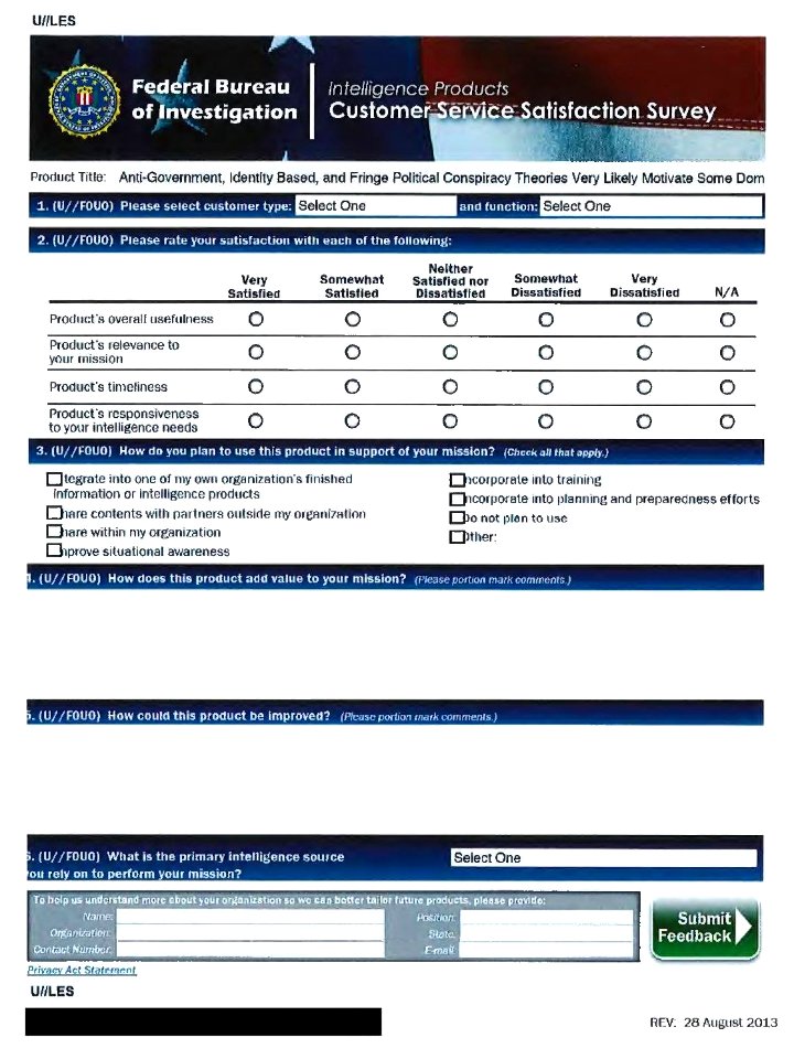 FBI Conspiracy Theory (Redacted) - Customer Service Satisfaction Form