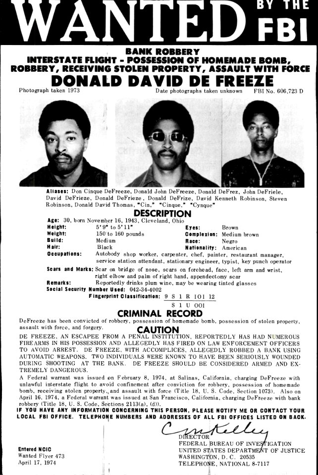 FBI Wanted Flyer 473 - Donald David DeFreeze