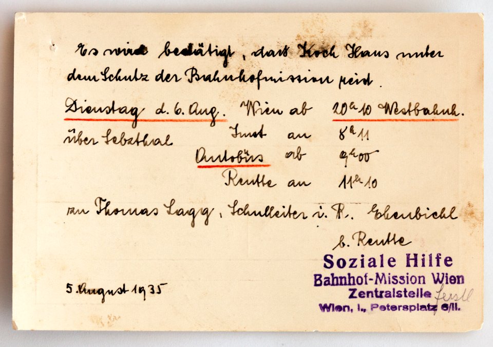 Feldpost von Hans 1935-08-05 Erkennungskarte Bahnhofsmission Innsbruck 2