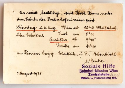 Feldpost von Hans 1935-08-05 Erkennungskarte Bahnhofsmission Innsbruck 2
