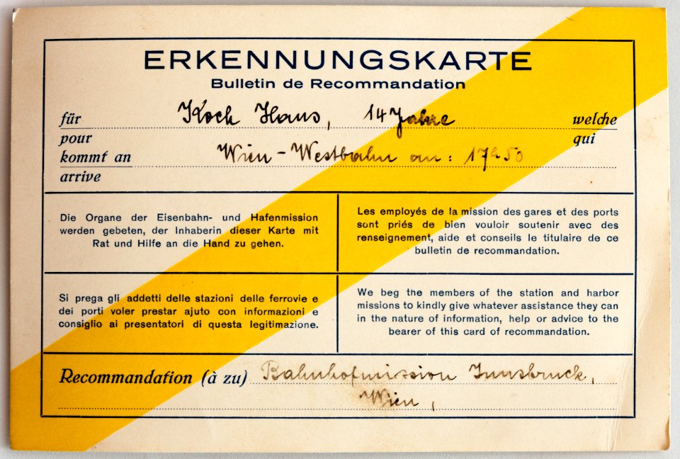 Feldpost von Hans 1935-09-07 Bahnhofsmission Wien Erkennungskarte 1