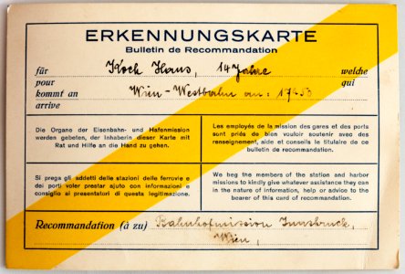 Feldpost von Hans 1935-09-07 Bahnhofsmission Wien Erkennungskarte 1