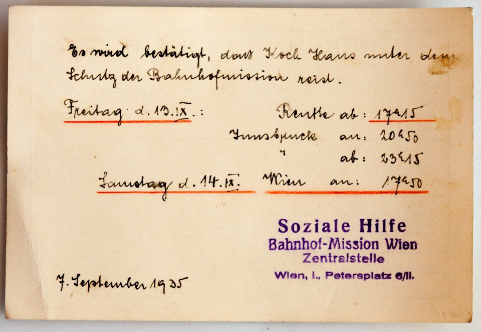 Feldpost von Hans 1935-09-07 Bahnhofsmission Wien Erkennungskarte 2