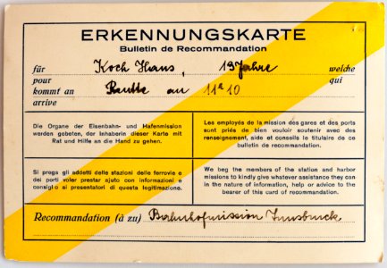 Feldpost von Hans 1935-08-05 Erkennungskarte Bahnhofsmission Innsbruck 1