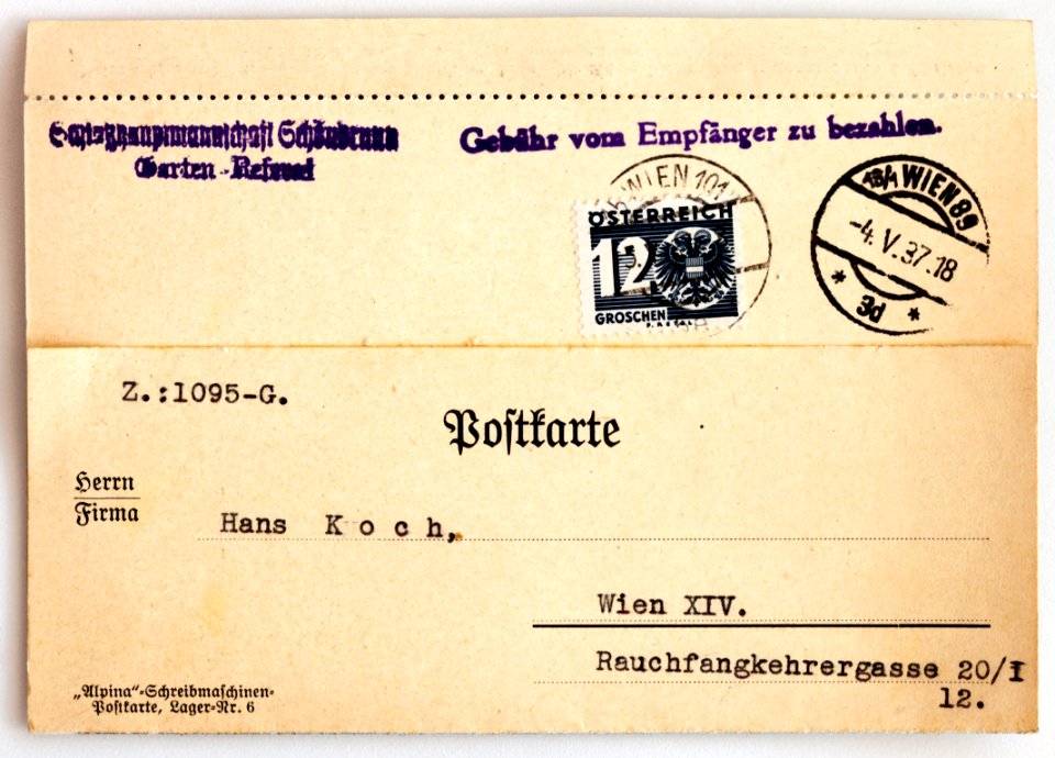 Feldpost von Hans 1937-05-04 Schlosshauptmannschaft Schönbrunn 1