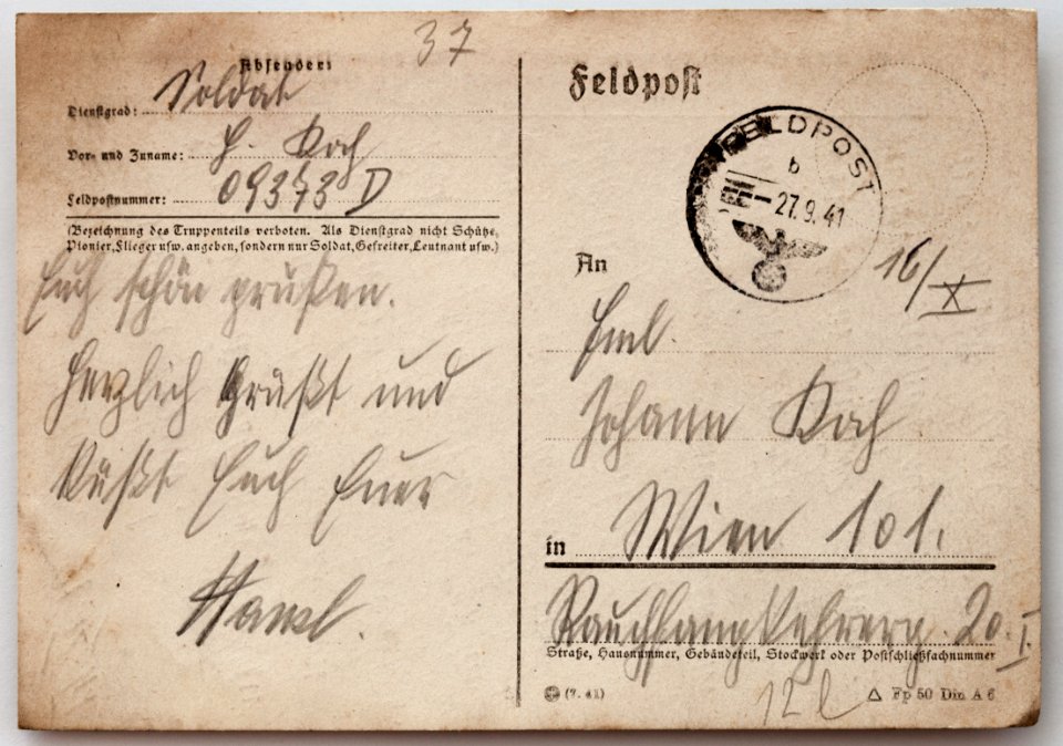 Feldpost von Hans 1941-09-26 1