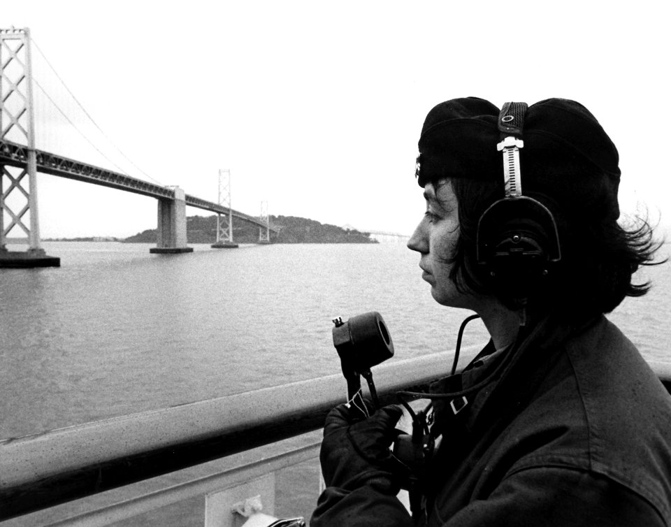 Female lookout aboard USS Sanctuary (AH-17) in San Francisco Bay, California (USA), in March 1973 (USN 1155869)
