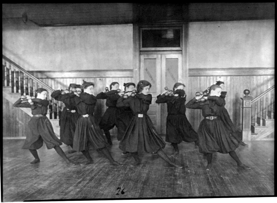 Female students exercising with dumbbells, Western High School, Washington, D.C. LCCN2001699136