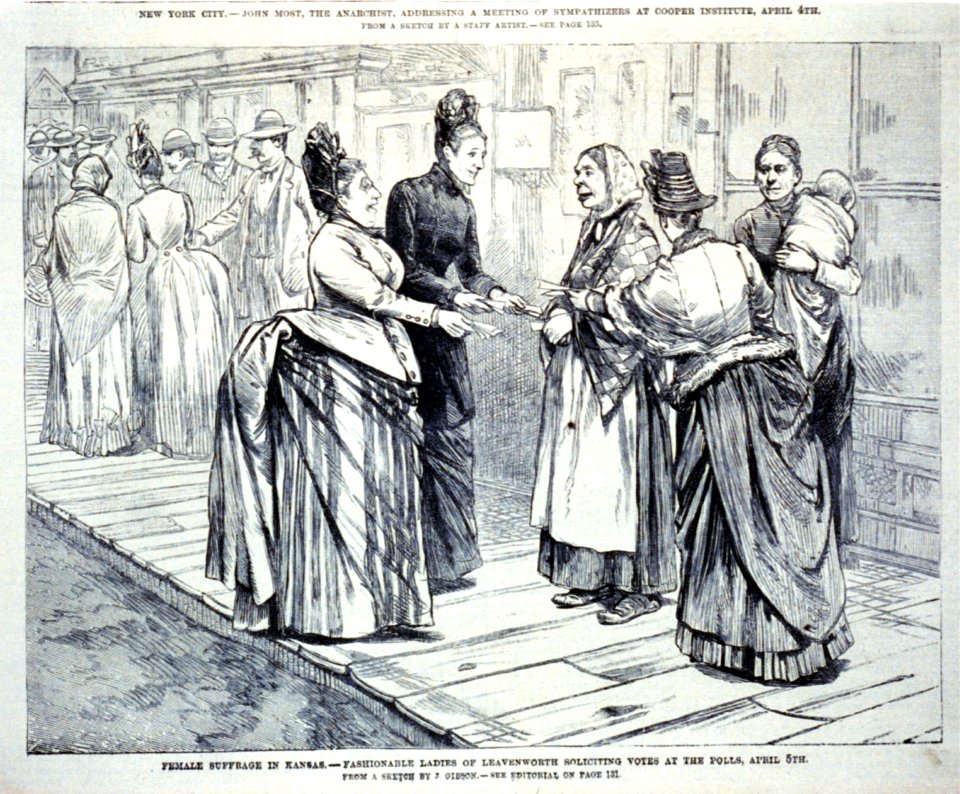 Female suffrage in Kansas - fashionable ladies of Leavenworth soliciting votes at the polls, April 5th LCCN2001696510