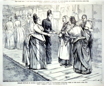 Female suffrage in Kansas - fashionable ladies of Leavenworth soliciting votes at the polls, April 5th LCCN2001696510