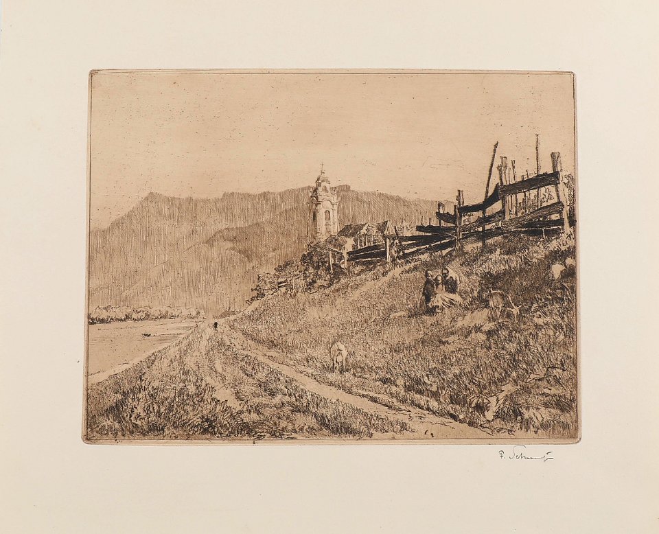 Ferdinand Schmutzer Blick auf die Kirche von Dürnstein