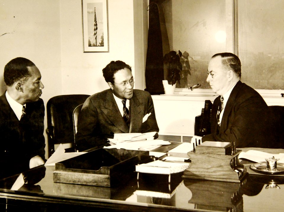 Ferdinand Smith and Earl Dickerson meeting with Donald Nelson to promote African-American man-power in war production (34626084741)