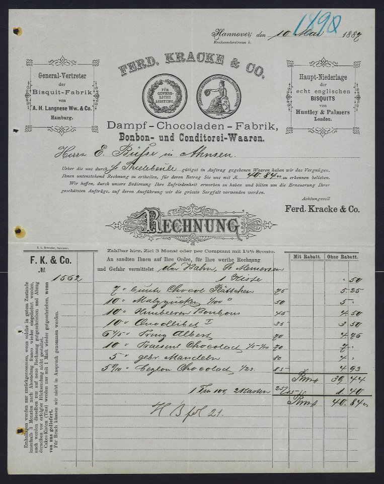 Ferdinand Kracke & Co. Hannover 1887-05-10 Rechnung Dampf-Chocoladen-Fabrik Bonbon- und Conditorei-Waaren Kirchwenderstraße 5