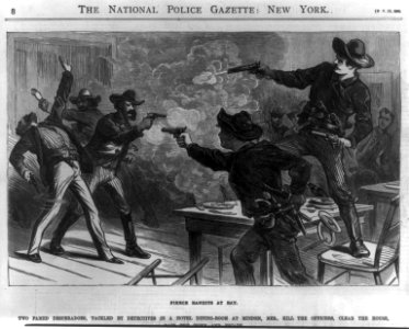Fierce bandits at bay. Two famed desperadoes, tackled by detectives in a hotel dining-room at Minden, Neb., ... LCCN2005689146