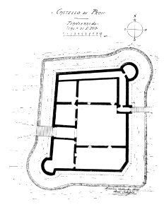 Fig 108, castello di PROH, pianta pianterreno, p197, SETT 1936, dis nigra, nigra il novarese