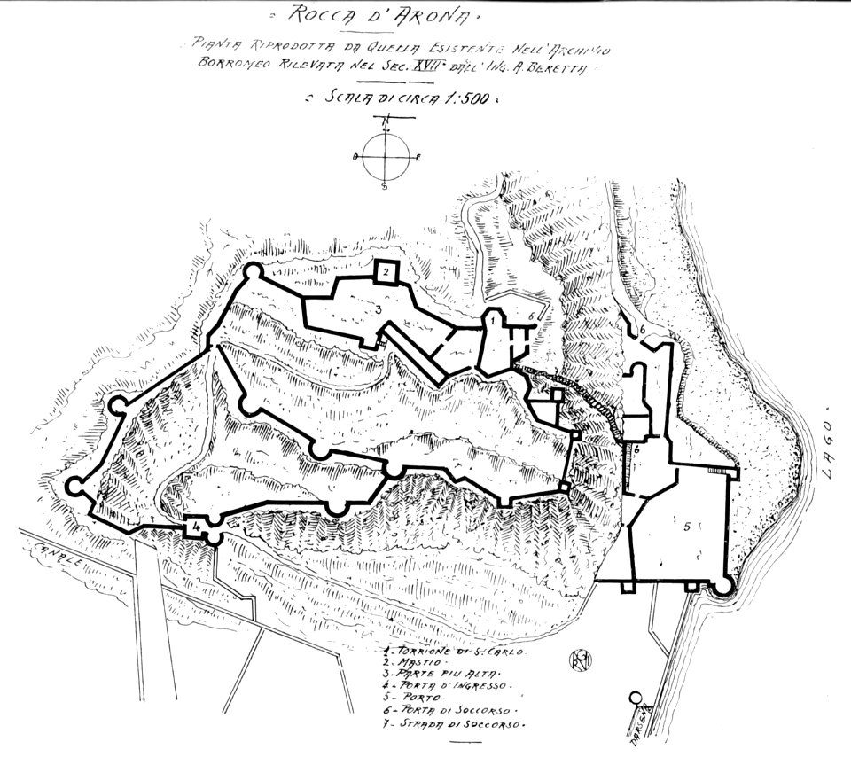 Fig 131, rocca d arona, pianta sulla base di dis Borromeo, p213, dis A Beretta, nigra il novarese