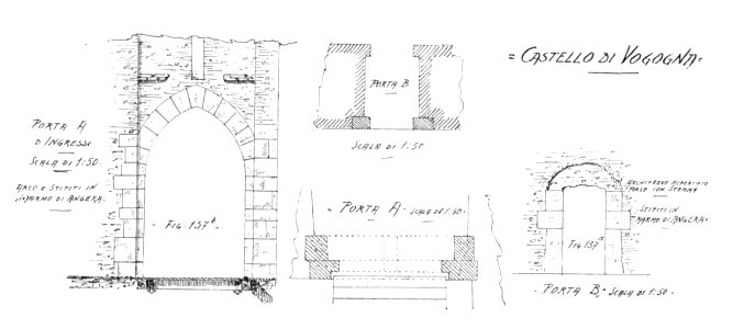 Fig 137a, 137b, castello di vogogna, porta A e porta B, p218, dis Nigra, giugno 1936, nigra il novarese
