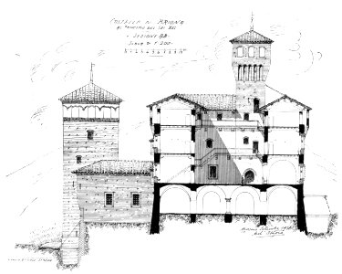 Fig 101, castello di briona, al principio del sec XVI, sezione AB, p193, dis nigra, sett 1936, nigra il novarese