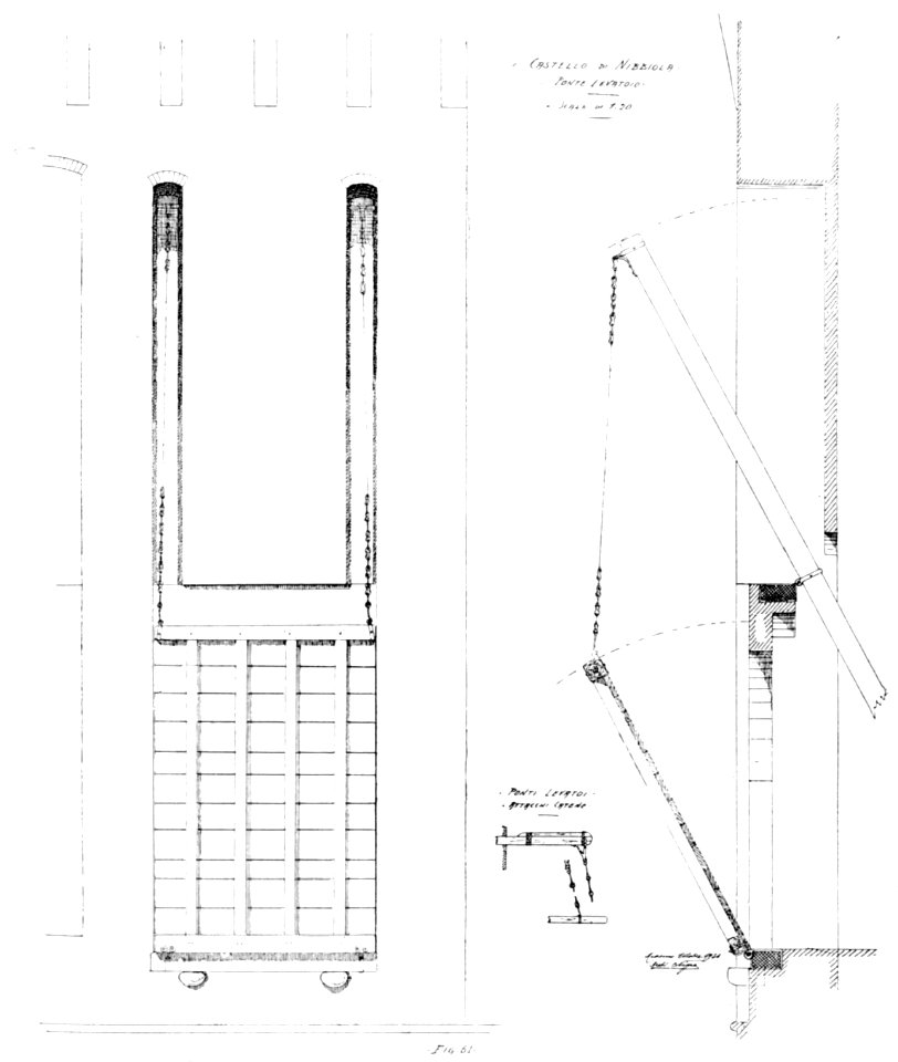 Fig 61 e 62, castello di nibbiola, ponte levatoio, p167, ott 1936, dis nigra, nigra il novarese