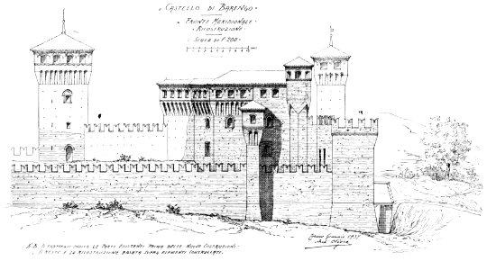 Fig 122, castello di barengo, fronte meridionale ricostruzione, p207, dis nigra, torino gen 1937, nigra il novarese