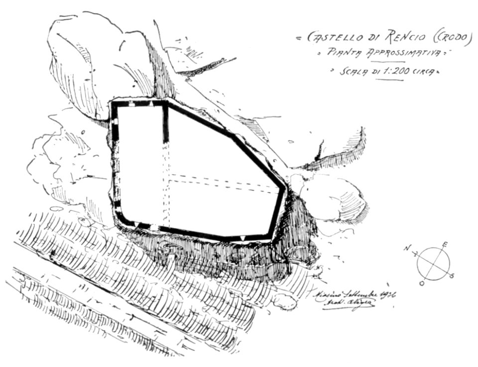 Fig 28, castello di rencio -crodo, pianta approssimativa, p142, dis nigra, sett 1936, nigra il novarese