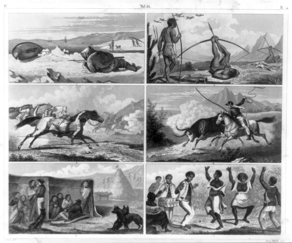 Fig. 1 Greenland seal-hunting; fig. 2 Brazilian Indians bird-shooting; fig. 3 attack by Guaycouros horseman (Brazil); fig. 4 cattle-hunting on the Pampas (Brazil); fig. 5 Negro dances at Sao LCCN2006679892