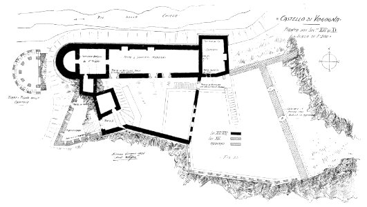 Fig 137, castello di vogogna, pianta nei sec dal XIII al XV, p218, dis Nigra, giugno 1936, nigra il novarese