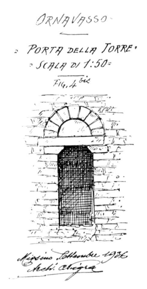 Fig 4bis ornavasso, p129, pianta torre di vedetta al boden e porta della torre, dis nigra sett 1936, nigra il novarese