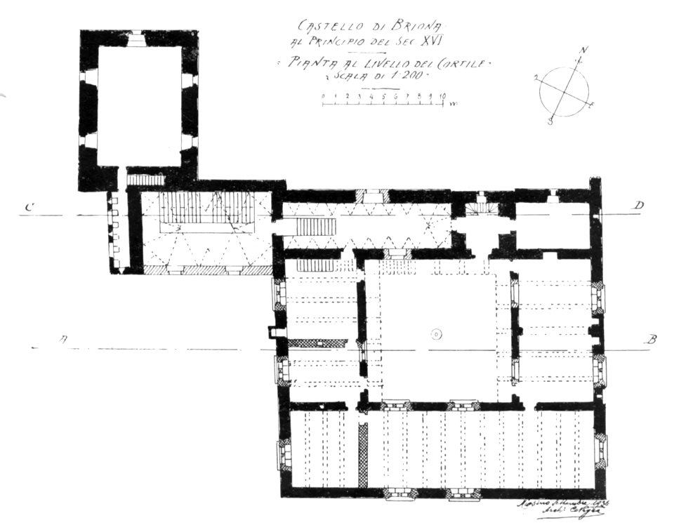 Fig 95, castello di briona, al principio del sec XVI, pianta al livello del cortine, p189, dis nigra, sett 1936, nigra il novarese