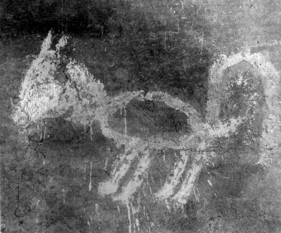 Figur målad på lerväggen av en hydda. Lokal, Guarayos, östra Bolivia. Stam, Gúarayú - SMVK - 005641