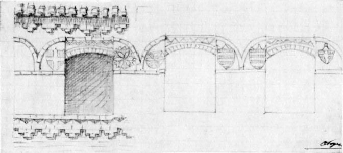 Fig 90, castello di castellazzo, decorazione di parte della merlatura, p185, 1935, dis nigra nigra il novarese