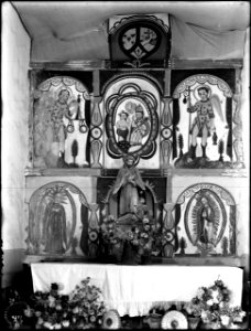 Figures on the side altar at Mission Santa Cruz, New Mexico, ca.1900 (CHS-4351)