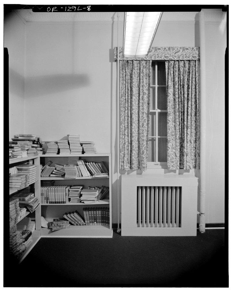 File-5495 Chugath Street - interior view of window and bookcase - Chemawa Indian School - Salem Oregon
