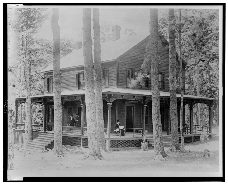 Fine view of General Grant's mountain home, where he passed his last days in the bracing air of Mt. McGregor, at the Drexel Cottage-The General seen in repose on the side porch; Dr. Douglas LCCN2001695046