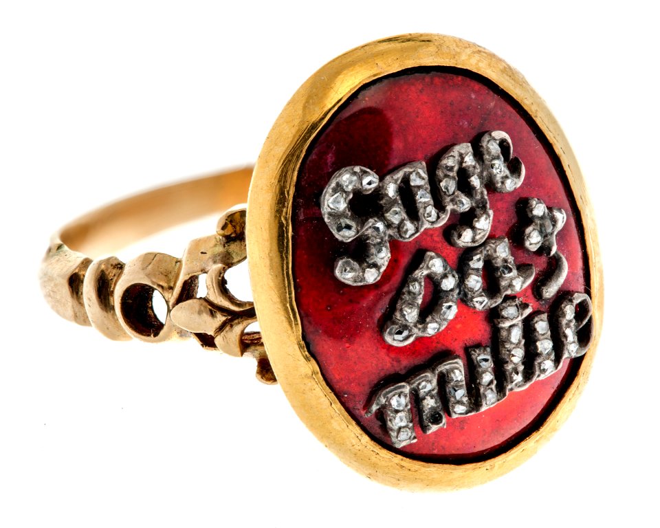 Fingerring av guld med skrift i rosenstenar på röd emalj, 1700-tal - Hallwylska museet - 110206