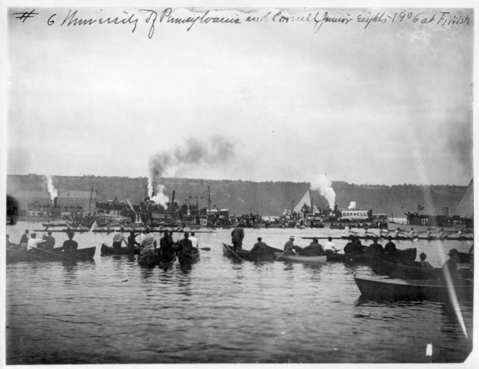 Finish of boat rowing race between the University of Pennsylvania and Cornell Junior Eights, 1906 LCCN2006682726