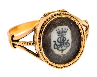 Fingerring av guld med hårmatta samt monogram på elfenben, 1829 - Hallwylska museet - 110243
