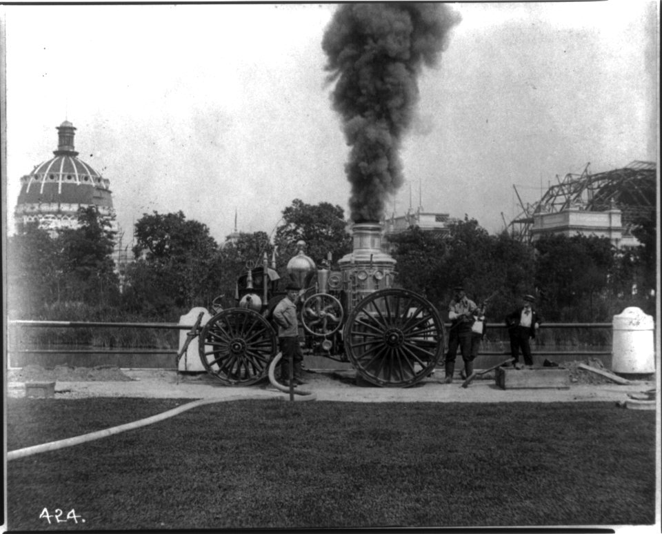 Fire engine at World's Columbian Exposition grounds while buildings were under construction LCCN2012646401