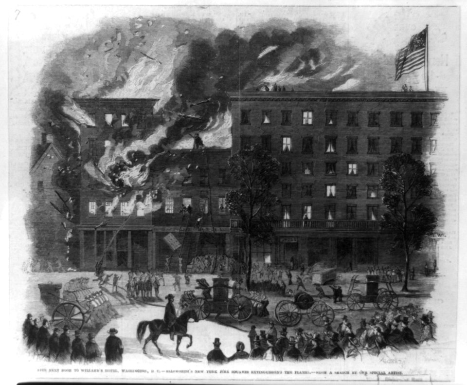 Fire next door to Willard's Hotel, Washington, D.C. Ellsworth's New York fire Zouaves extinguishing the flames - - from a sketch by our special artist. LCCN2014649269