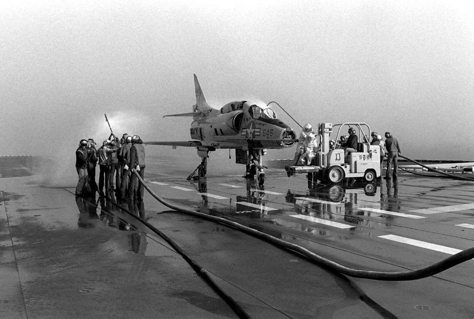 Fire drill with A-4L on USS Peleliu (LHA-5) in 1981