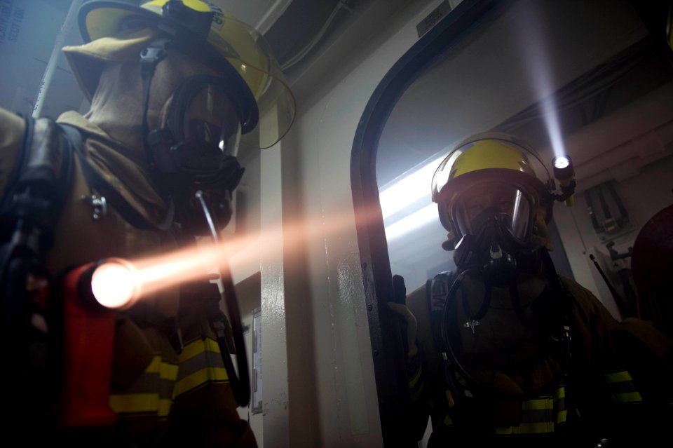 Firefighters drill aboard USS Curtis Wilbur. (8200235430)