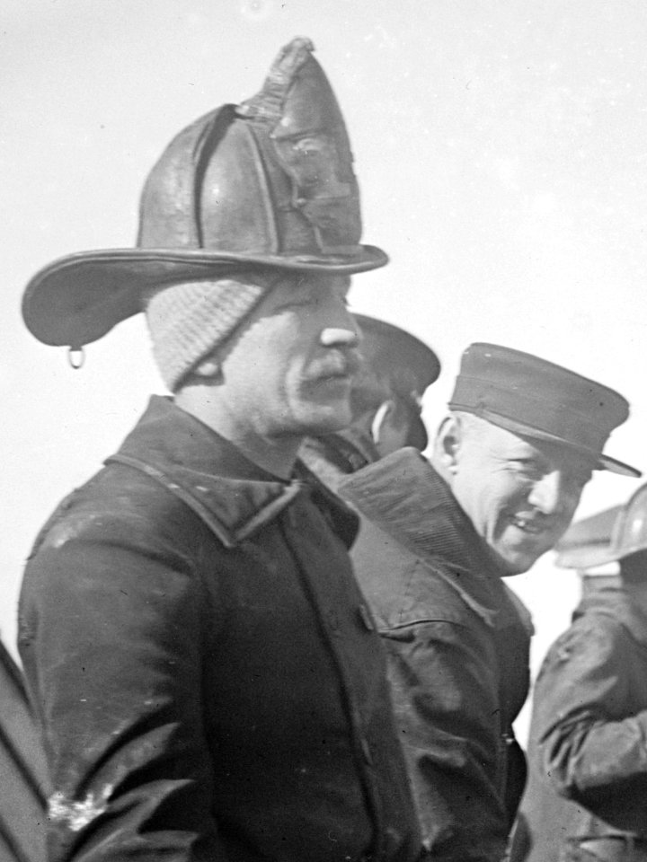 Firefighters in New York City on 6 January 1912 - from, Putting out fire in Bain News Service Bldg. 1-6-12 LCCN2014690062 (cropped)
