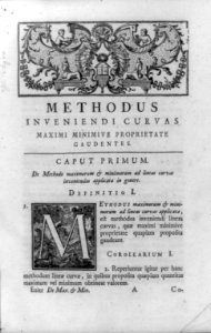 First chapter opening of Methodus inveniendi ...; with headpiece of sphinxes, cherubs, and open book with crossed trumpets, and decorated initial M showing stormy sea LCCN92518319