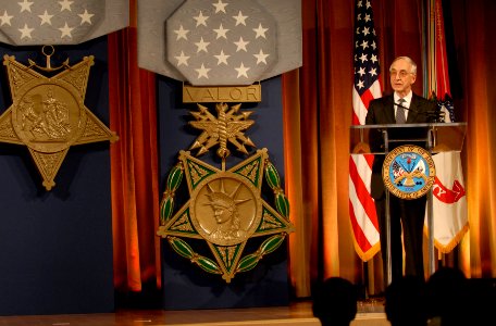 Gordon England speaks at the Hall of Heroes induction ceremony for Ross McGinnis
