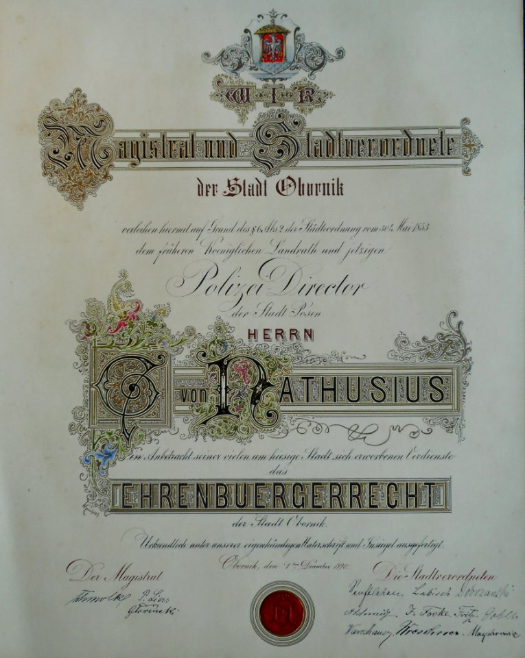 Gottlob E. v. Nathusius, Stadt Obornik, 1890, Ehrenbürgerrecht