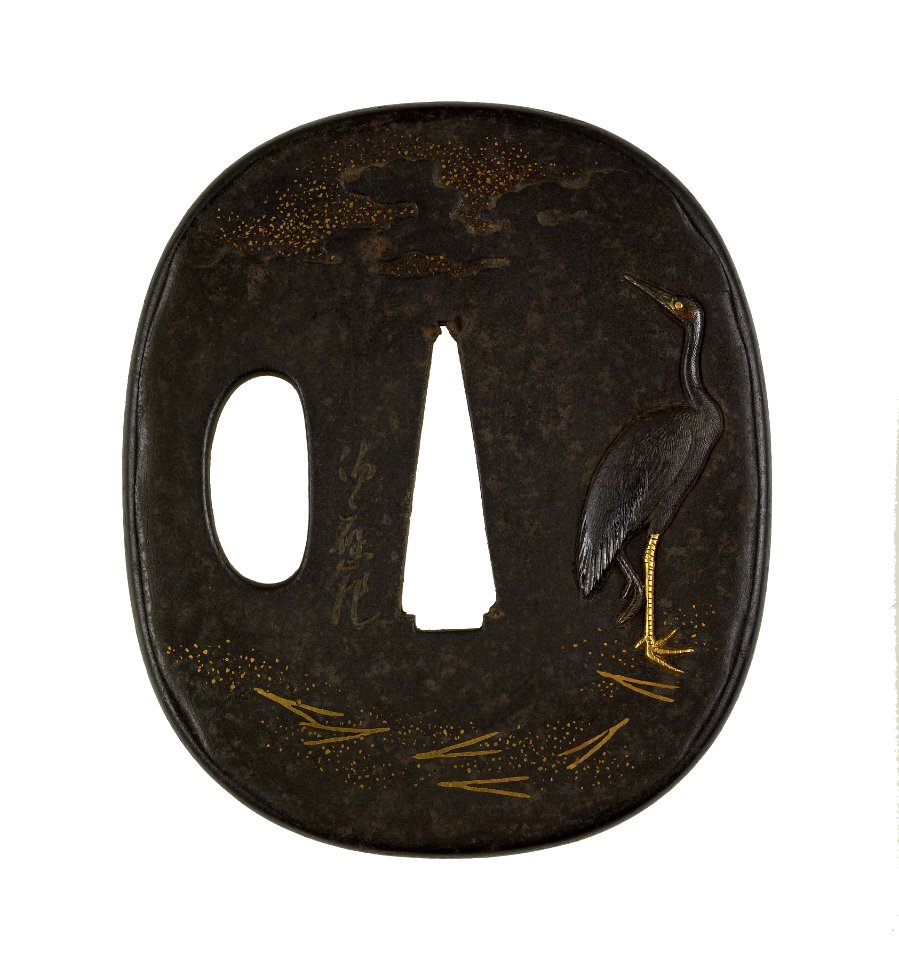 Gotô Ichijô - Tsuba with Crane Walking on Pine Needles - Walters 51235