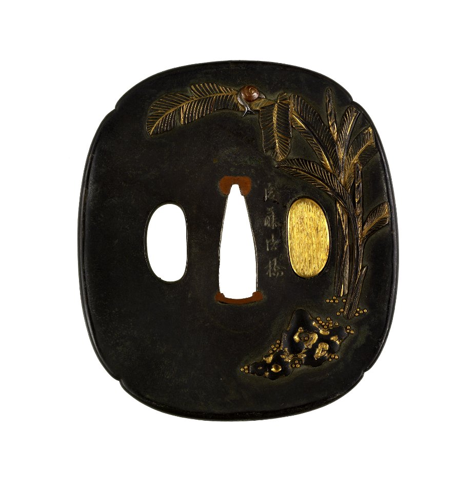 Gotô Ichijô - Tsuba with Banana Trees, Snail and Mushroom - Walters 51279