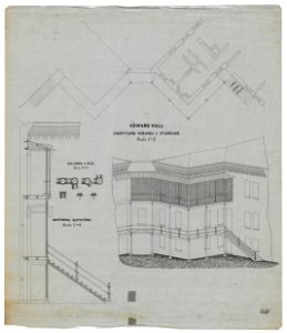 Government Hospital for the Insane (Saint Elizabeths Hospital), Washington, D.C. Howard Hall (Building No. 12). Courtyard veranda and staircase. Plan, section-elevation, and perspective LCCN2013648670