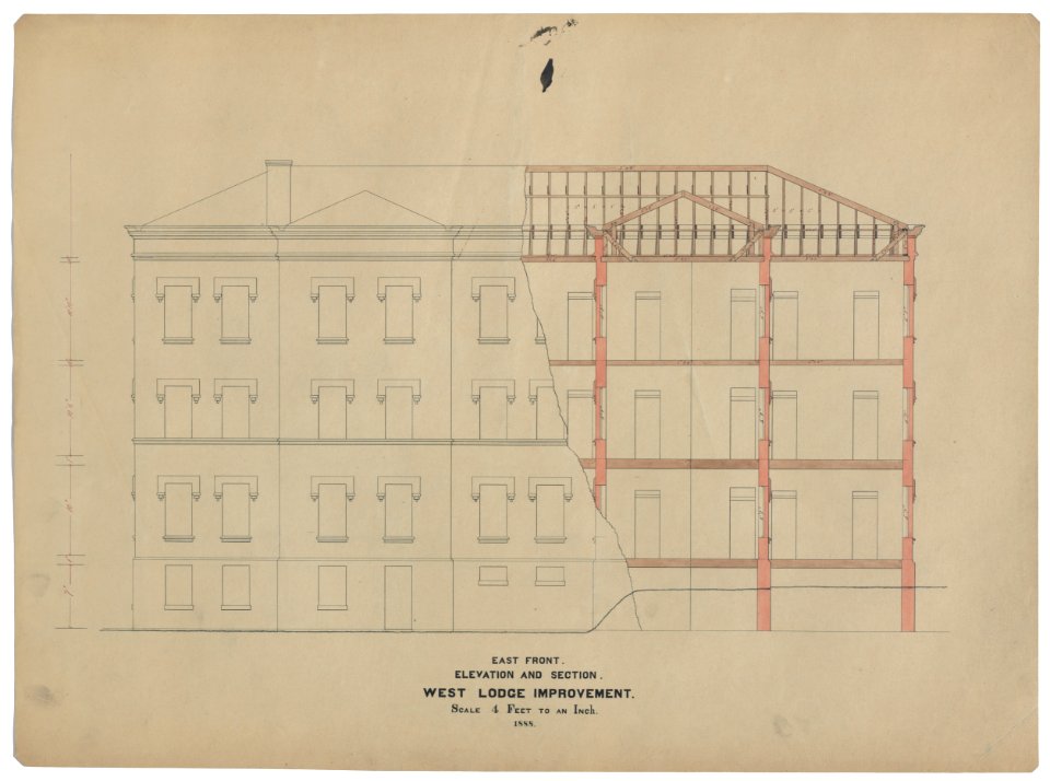 Government Hospital for the Insane (Saint Elizabeths Hospital), Washington, D.C. West Lodge. East front alterations. Elevation and section LCCN2013648661