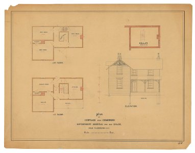 Government Hospital for the Insane (Saint Elizabeths Hospital), Washington, D.C. Cottage for cemetery. Plan of cellar, first, and second floors, elevation of principal façade LCCN2013648672